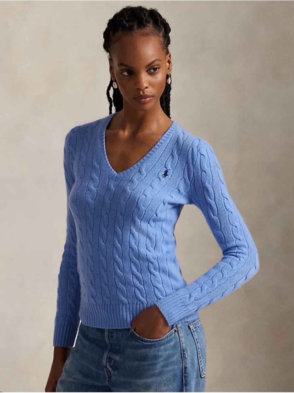 Ralph Lauren Light Blue Cable-Knit V-Neck Sweater